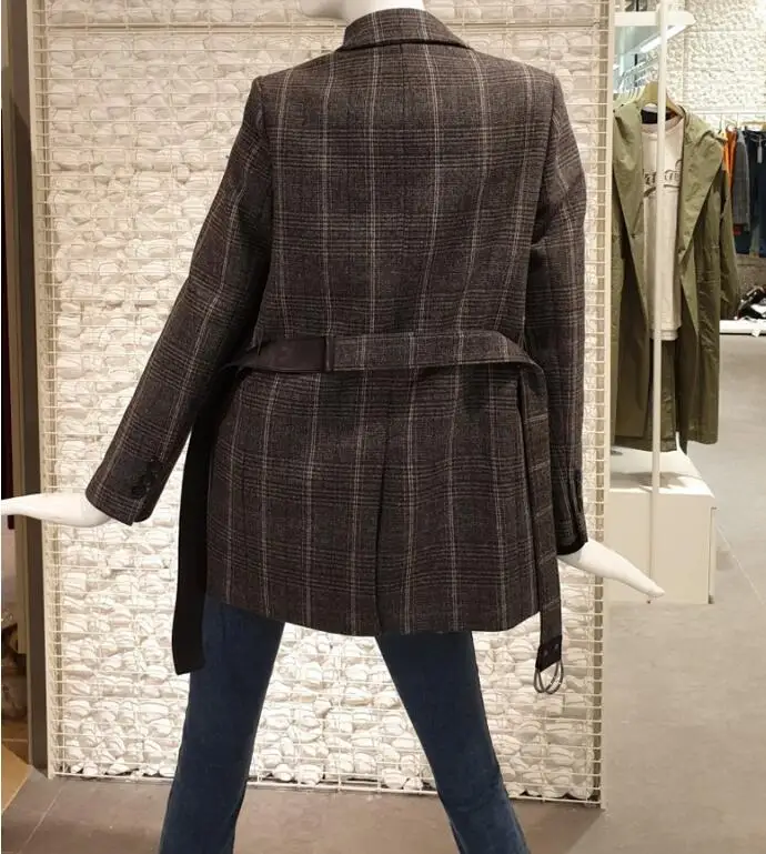 Новинка, осенне-зимний шикарный клетчатый блейзер с поясом, винтажный женский костюм средней длины с длинным рукавом, офисное Женское пальто, верхняя одежда
