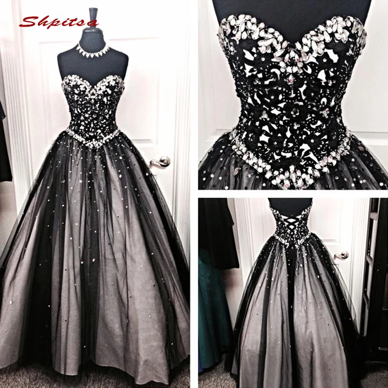Роскошное черное платье Quinceanera бальное с кристаллами и блестками для выпускного
