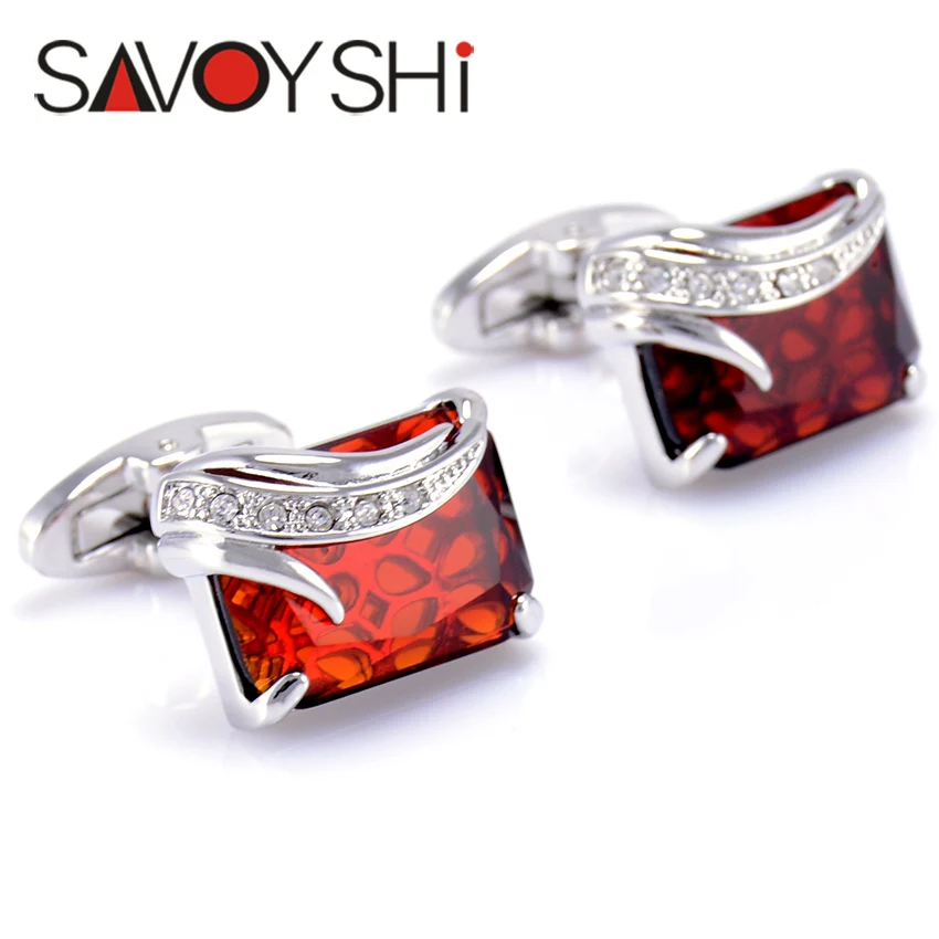 SAVOYSHI роскошные стеклянные Запонки мужские рубашки манжеты высокого качества классический квадратный латунный браслет звенья брендовые модные ювелирные изделия - Окраска металла: Burgundy