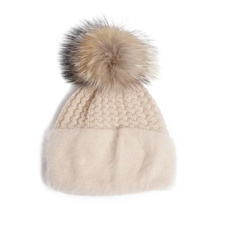 beige Pom Pom Charles Perra, женская шапка, Корейская версия, модная, теплая, кроличья шерсть, вязаные шапки, элегантные, женские, зимние шапки 3224 - Цвет: beige Pom Pom