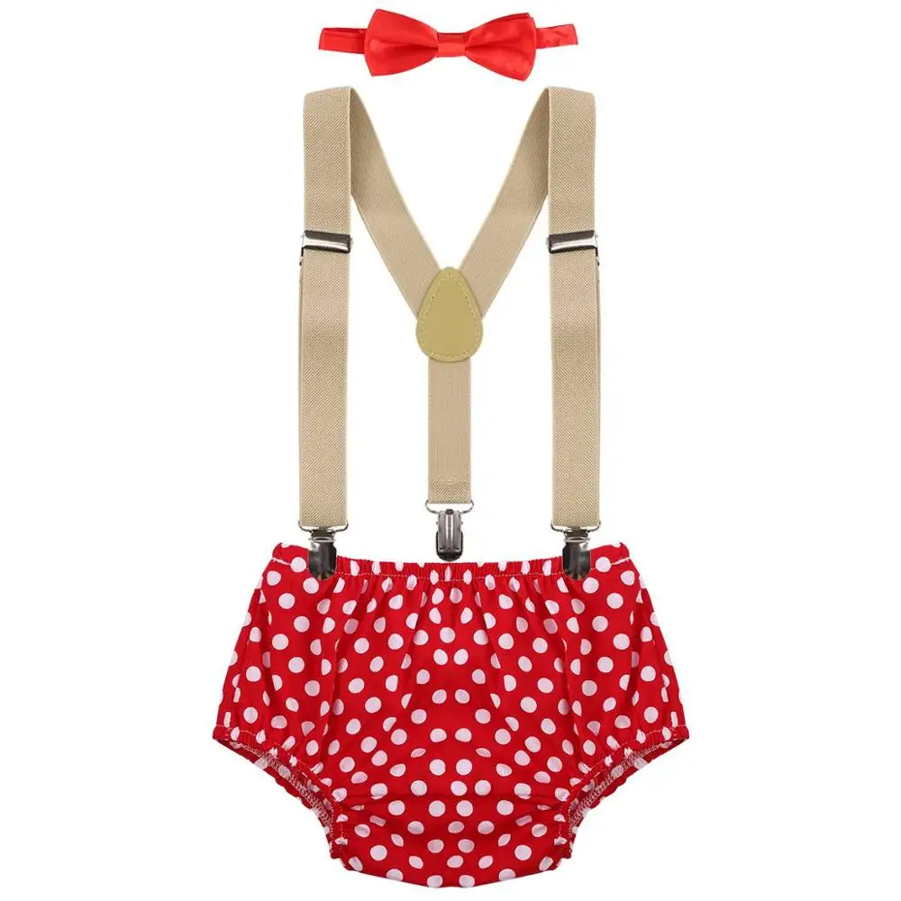Red with Dot Детский костюм для Cake Smash, комплект одежды из 3 предметов, одежда для День рождения для маленьких мальчиков наряд с подтяжками для фотосессии Милая одежда для маленьких детей - Цвет: Red with Dot