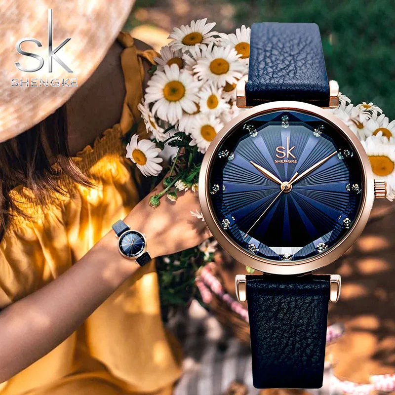 Часы наручные SK женские брендовые Роскошные модные с кожаным ремешком и призмой