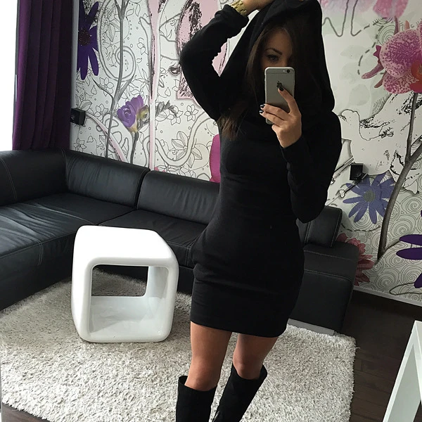 Осенне зимнее женское теплое платье сексуальные однотонные платья с капюшоном