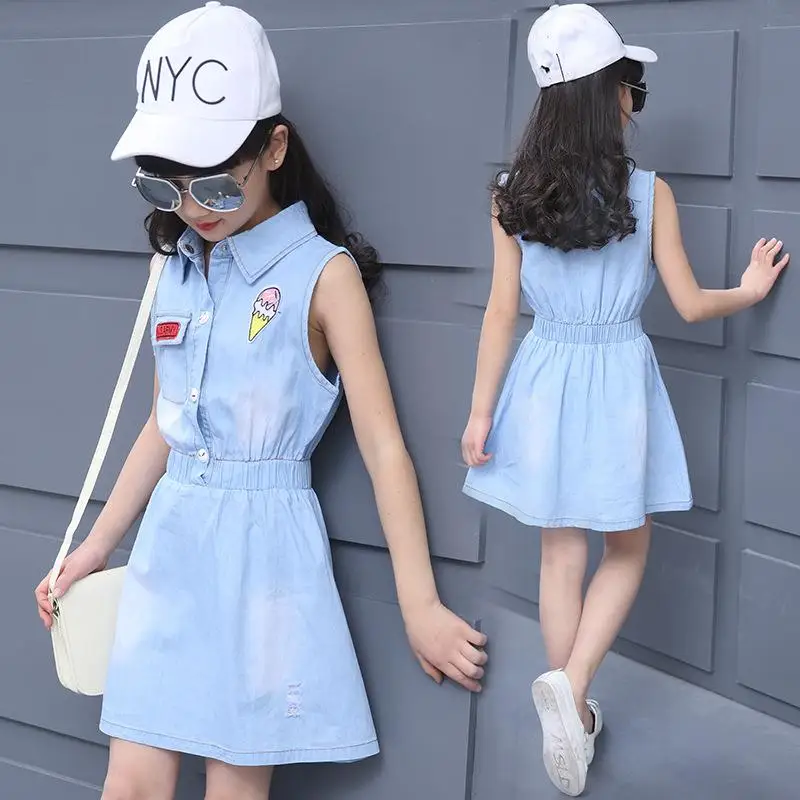 Washed Denim Girls Dress 2018 New Summer Sleeveless Kids Dresses for 5 6 7 8 9 10 11 12 13 14 Year Teens Children Clothing | Детская