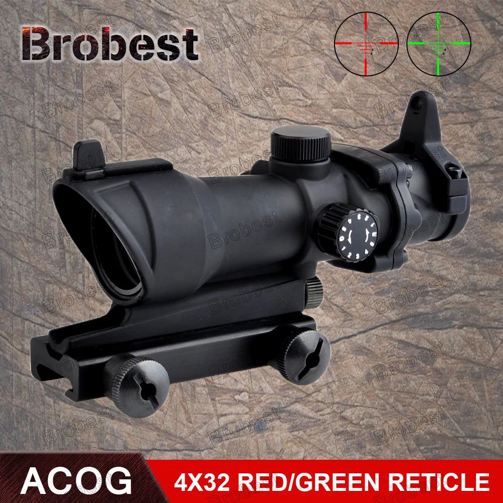 

Brobest охотничий телескоп Reddot ACOG 4x32 оптический прицел красный/зеленый сетка с креплением 1 комплект AO5318