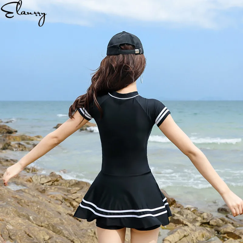 Женский купальный костюм Maillot De Bain цельная юбка с коротким рукавом на молнии