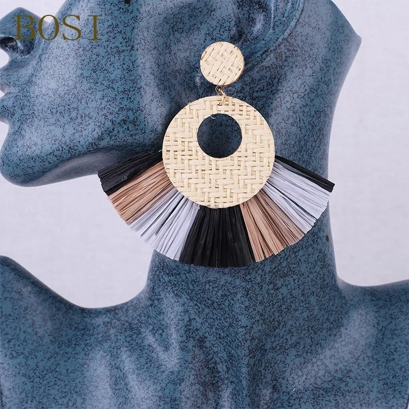 Серьги из ротанга ручной работы с кисточками для женщин богемные круглые висячие