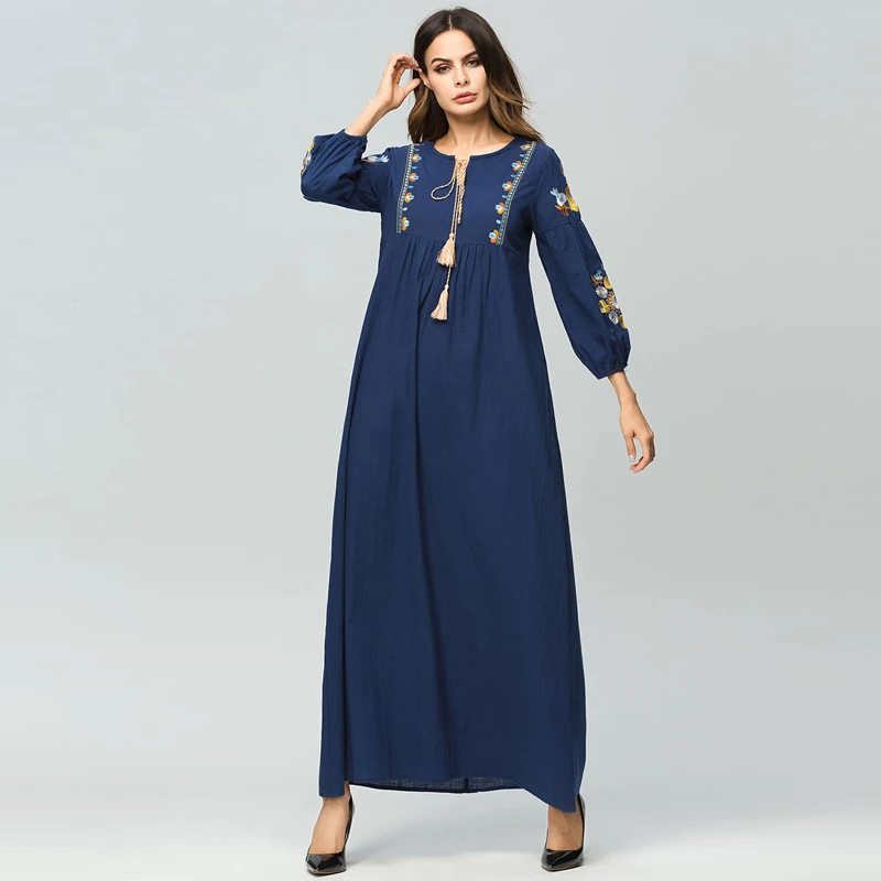 Женское платье с вышивкой на средний восток Abaya мусульманское длинным рукавом