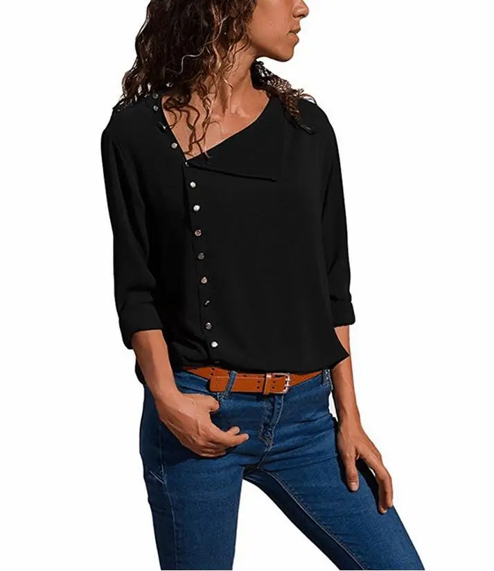 2018 Summer Button Irregular Blouse women Fashion Long Sleeve Oblique collar Shirt Female Elegant autumn Casual office Tops |