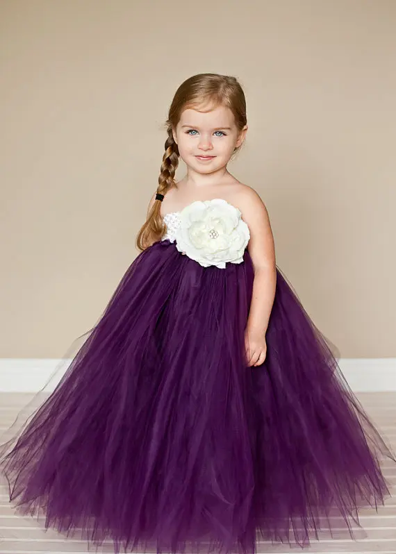 Beautiful Girls Purple Tutu Dress Kids Fluffy Crochet Long Tulle Tutus Ball Gown with White Flower Children Wedding Party | Детская