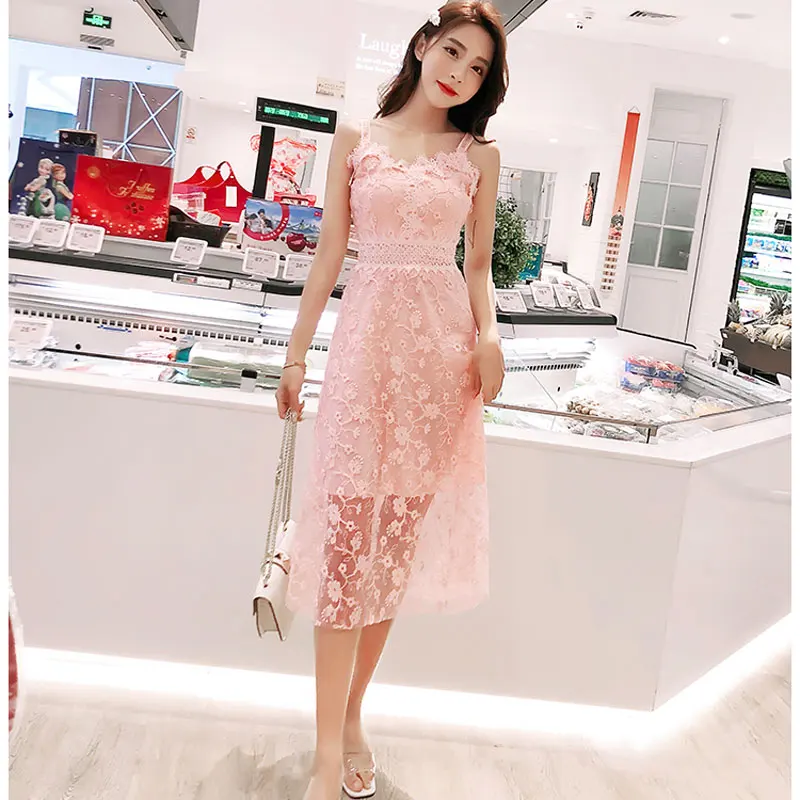 2019 корейская летняя новая женская одежда розовое кружевное платье с цветочным