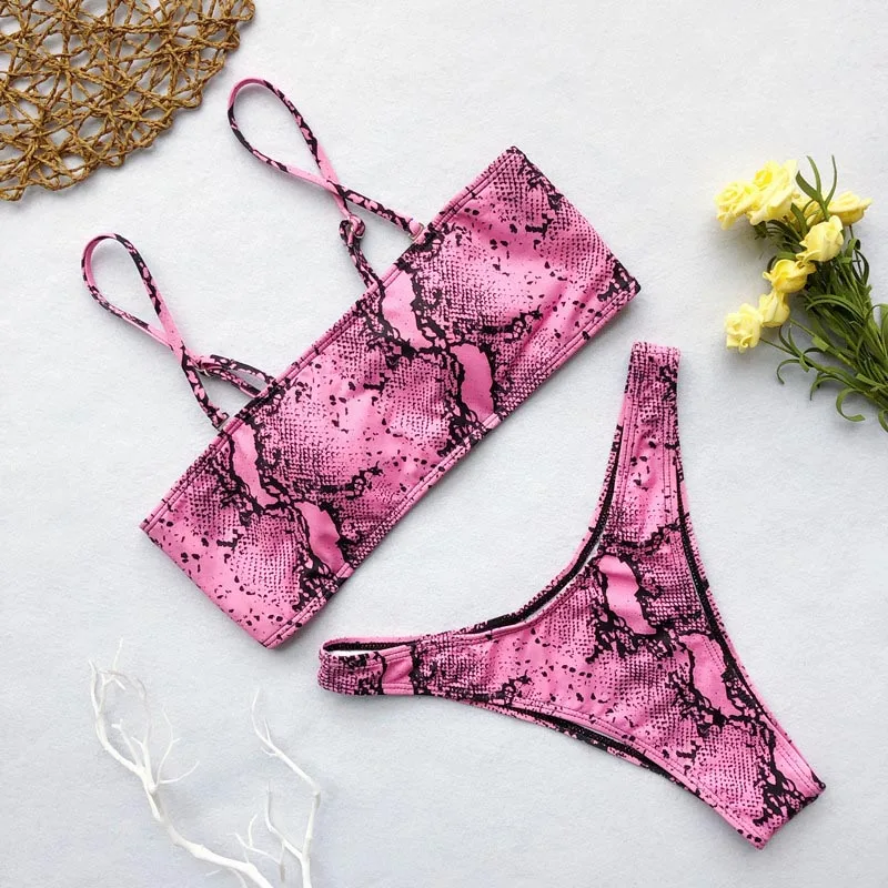 Бикини без бретелек 2019 змеиный принт три цвета купальник Женские сексуальные