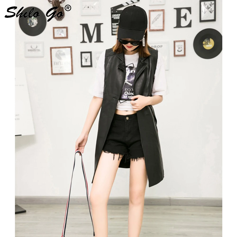 Streetwear Leather Vest Women Summer Casual Sleeveless Single Breasted Sheepskin Genuine Long Side Pocket Vests |