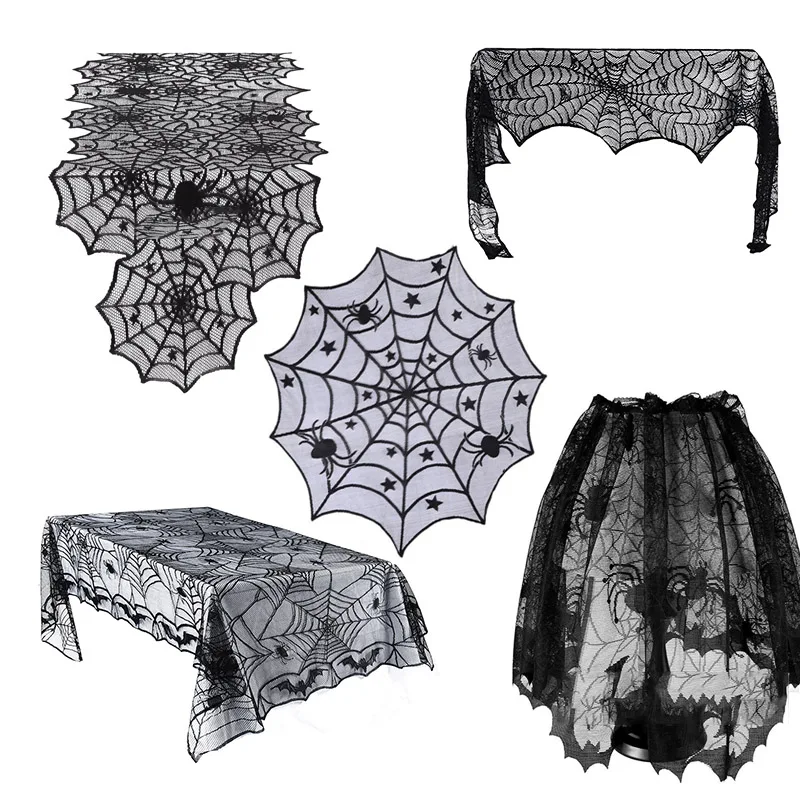Черная кружевная занавеска с паутиной для украшения Хэллоуина скатерть летучих