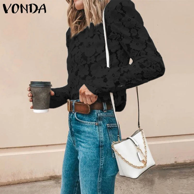 VONDA, белая кружевная блузка, женская рубашка, весна-осень, длинный рукав, Круглый ворот, открытая, повседневная, для девушек, кружевные топы, Blusas Feminina 5XL