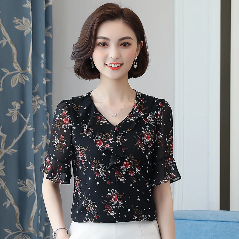 Корейские модные шифоновые женские блузки с оборками и расклешенными рукавами