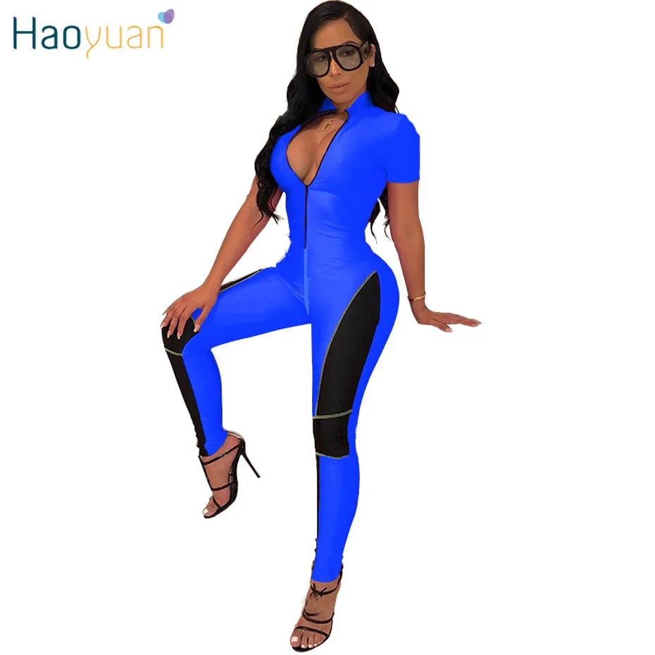 HAOYUAN, неоновые зеленые комбинезоны для фитнеса, женский комбинезон,, уличная одежда, летние комбинезоны, Цельный боди, Mujer, сексуальный Облегающий комбинезон - Цвет: Синий