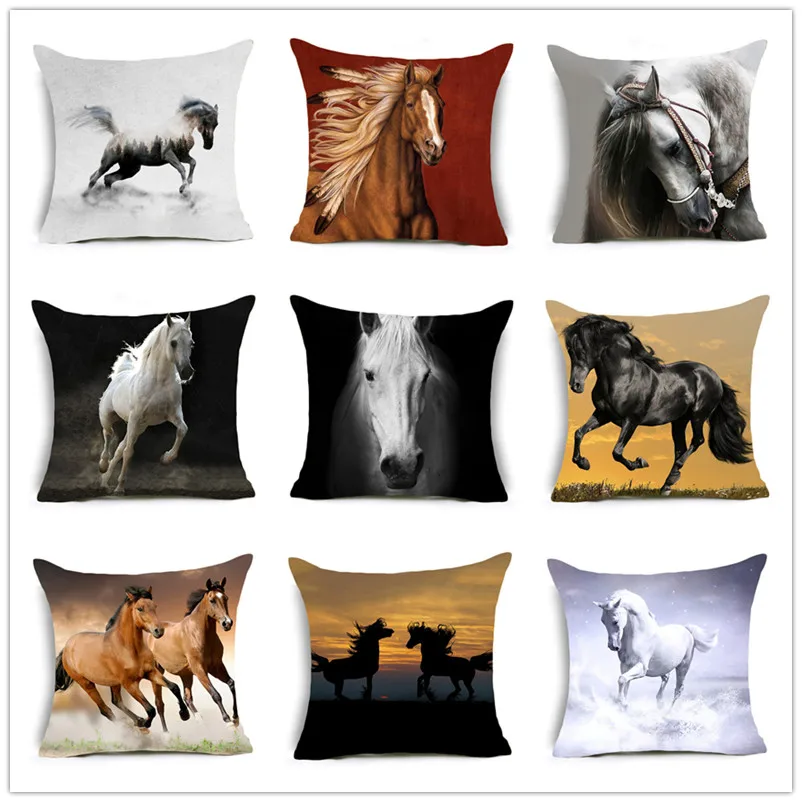 

2018 New Horses Cotton Cushion Cover Steed Animal War Horses Home Decorative Pillow Cover for Sofa Car Nordic Pillowcase Vintage