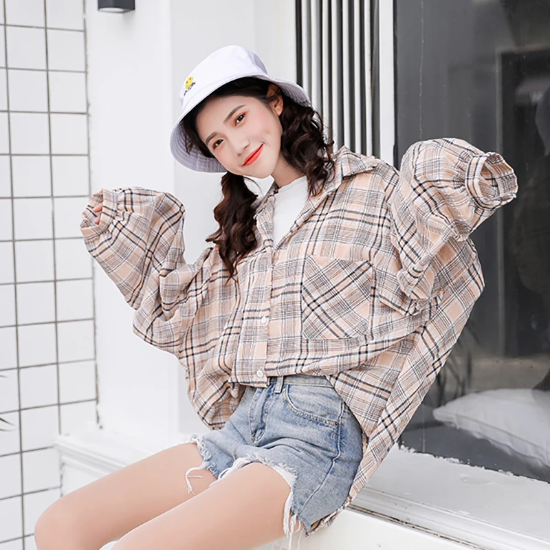 

Women Vintage Plaid Print Chiffon Shirt Loose Single-breasted Cotton Long Sleeve Lapel Blouse