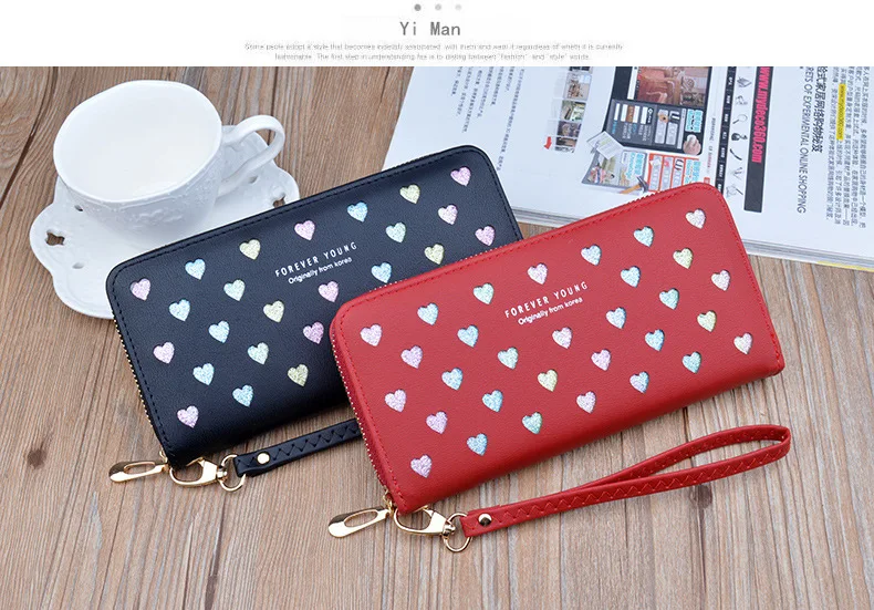 Leather women's wallet New cute Love color hollow large capacity Purses women Solid color purses Long Love zipper female wallet