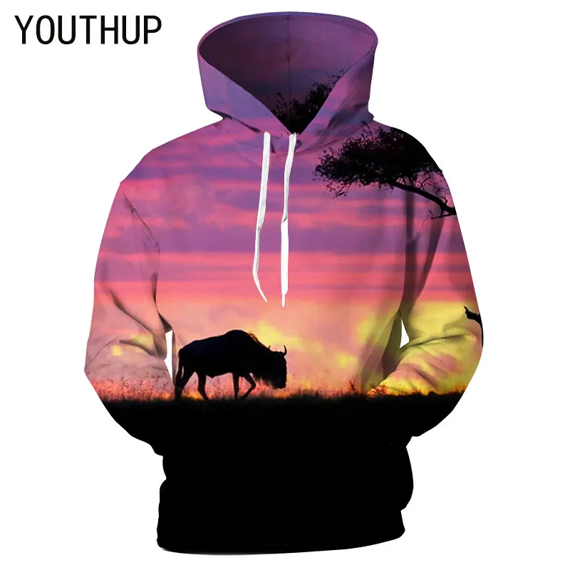 YOUTHUP 3D толстовки для мужчин с принтом заката повседневные капюшоном топы