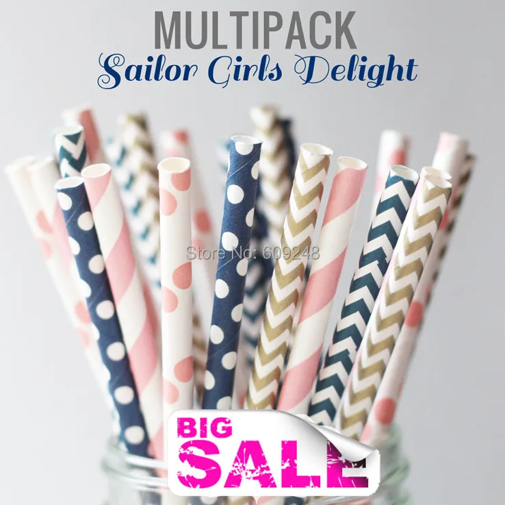 

125pcs Mixed Colors SAILOR GIRLS DELIGH Paper Drinking Straws, Baby Pink Striped and Polka Dot, Gold and Navy Chevron, Swiss Dot