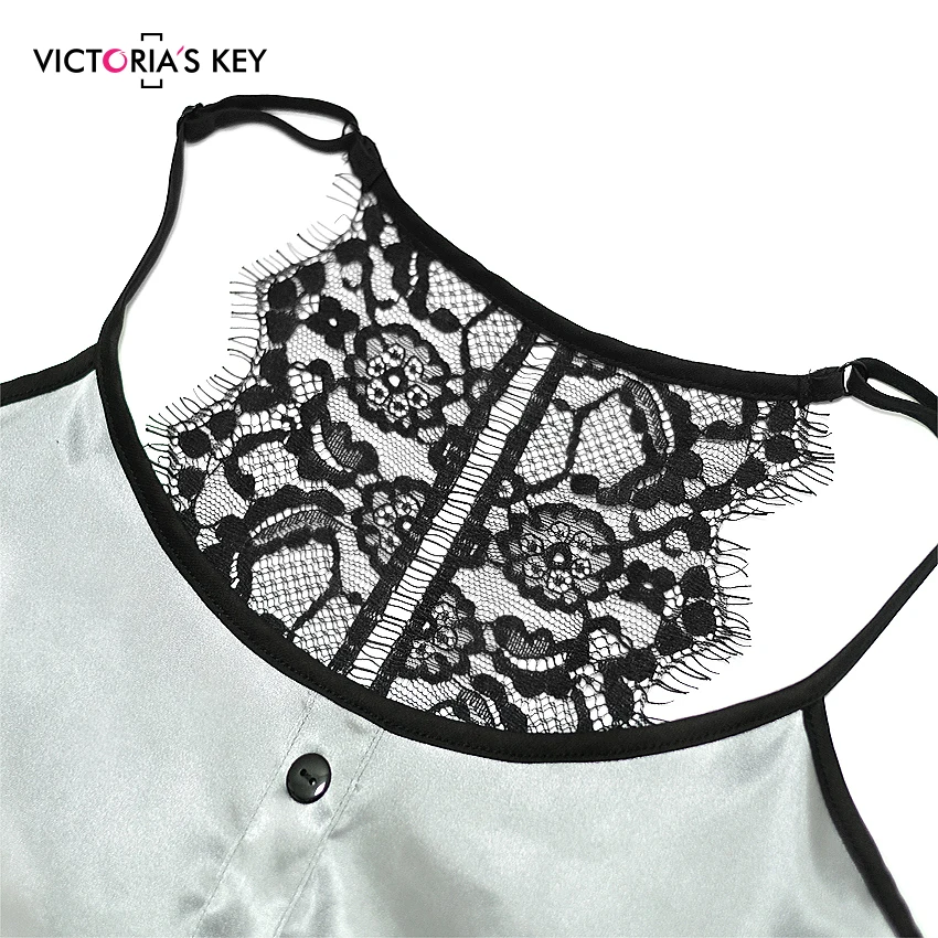 Викторианский ключ Серебряный цветочный кружевной атласный Cami PJ Набор пижамы