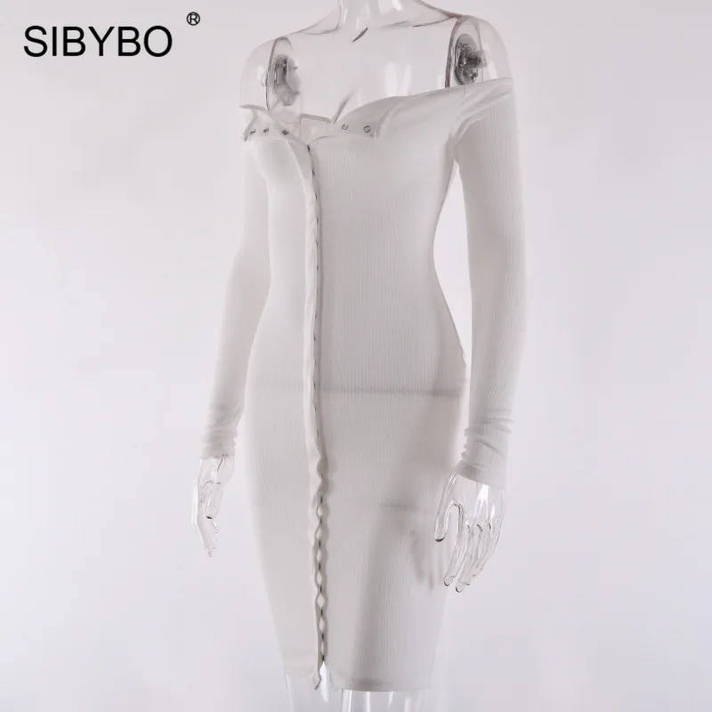 Sibybo, без бретелек, однобортное, сексуальное платье для женщин, осень, с открытыми плечами, с длинным рукавом, повседневное, бодикон, платье с открытой спиной, Клубные, вечерние платья