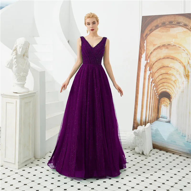 Vestidos De gala Largos Бисероплетение выходные платья без рукавов v-образным вырезом Вечерние платья в пол халаты De Soiree