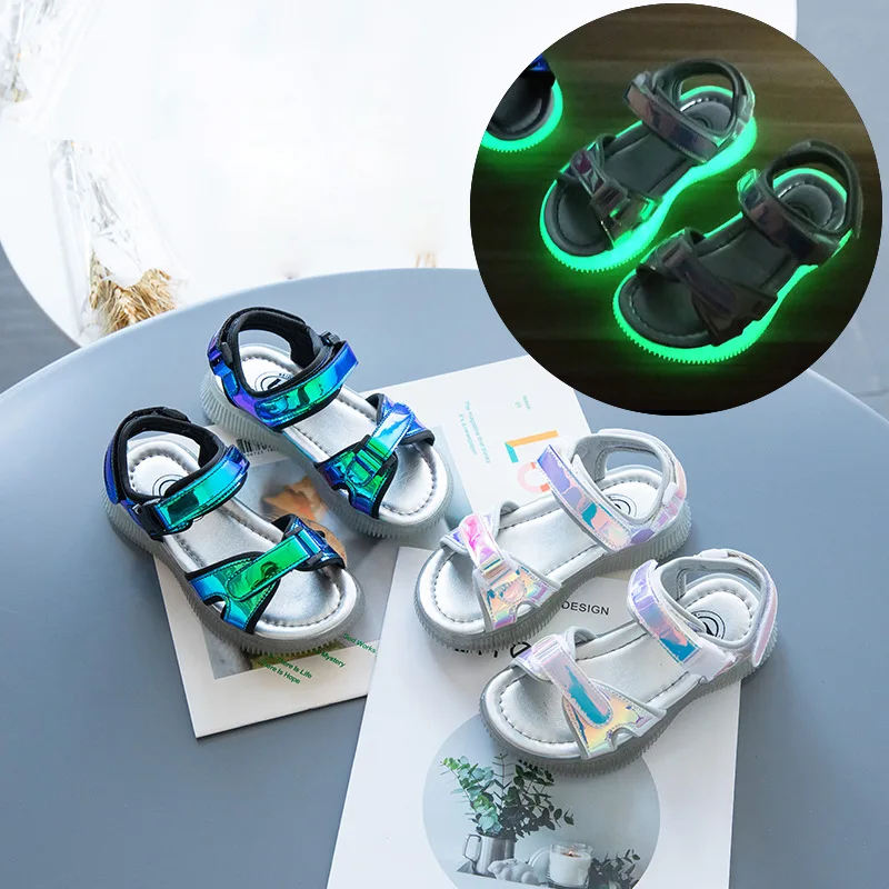 Сандалии для девочек с открытым носком флуоресцентная детская пляжная обувь