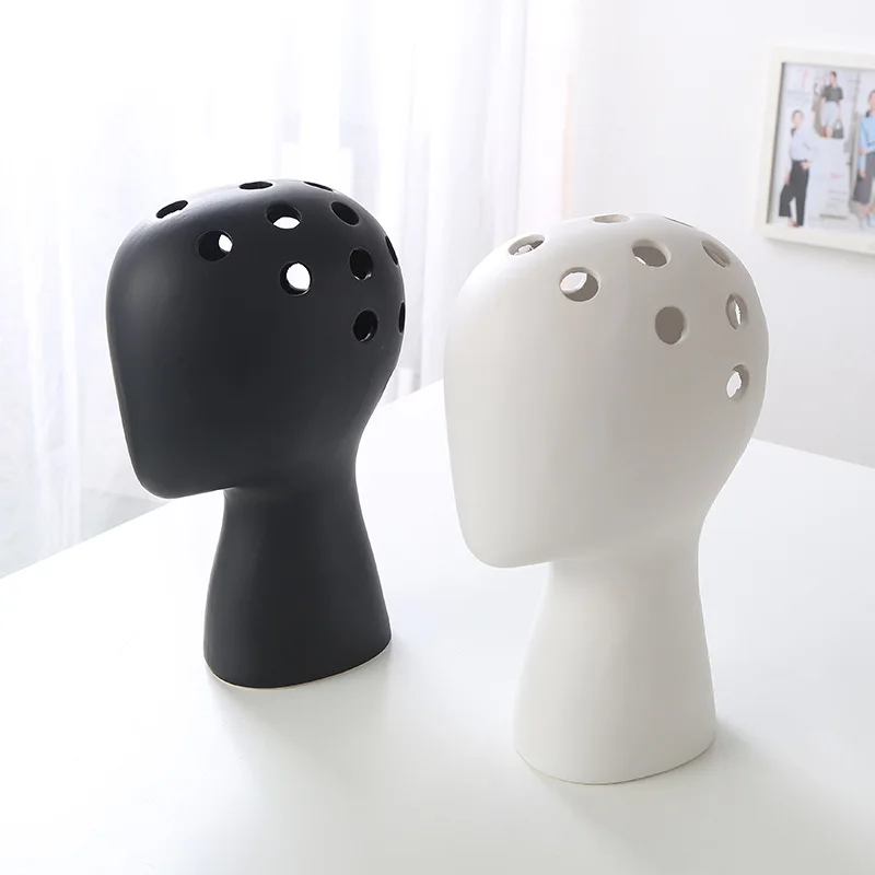 

Modern Abstract Art Minimalistic Pure Black White Ceramic Head Decoration Ornaments Creative Flower Arrangement Head Flower Jar