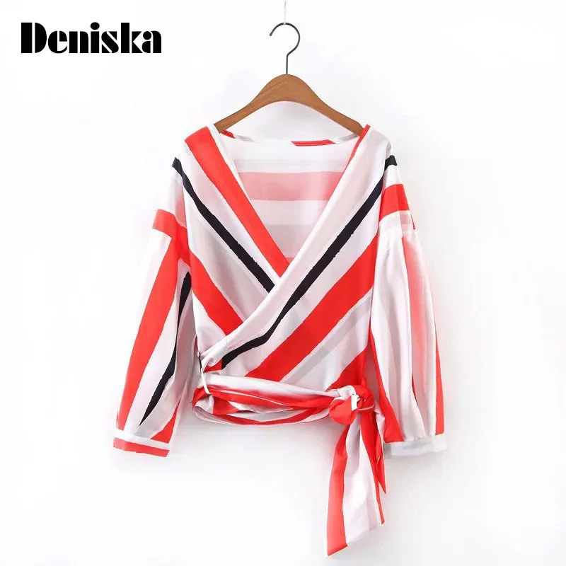 Дениска женские красные в полоску со складками свободные рубашки крест