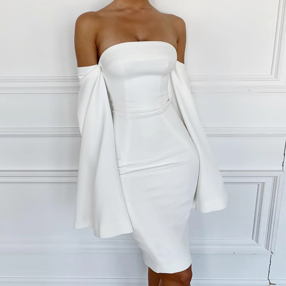 Женское Бандажное платье Seamyla элегантное белое без бретелек с расклешенными