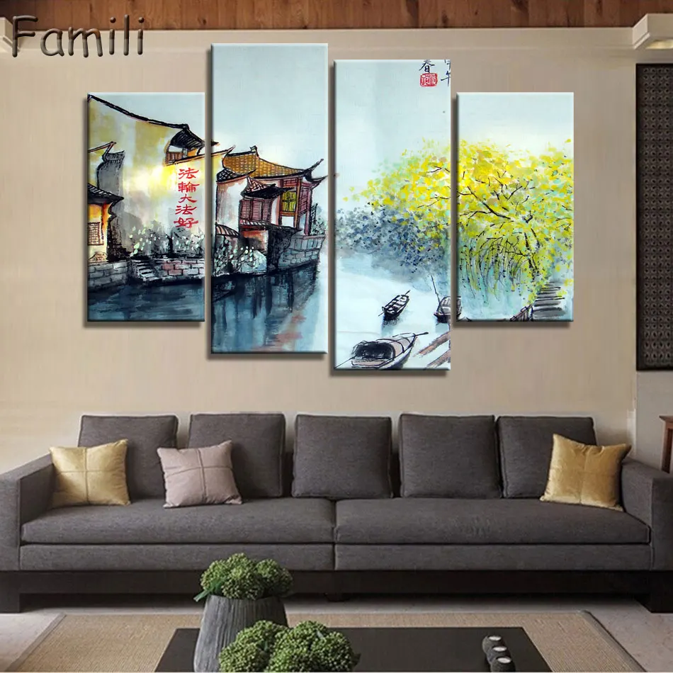 4 панели старинная китайская раскраска кистей принт холст лотос пруд