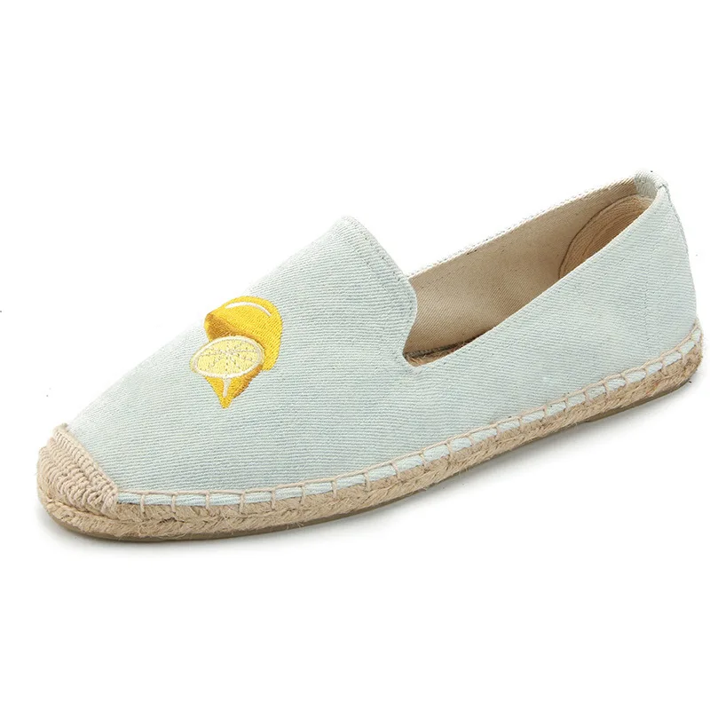 New Fashion Embroidery Lemon Comfortable Ladies Womens Casual Espadrilles Shoes Breathable Flax Hemp Canvas for Girls