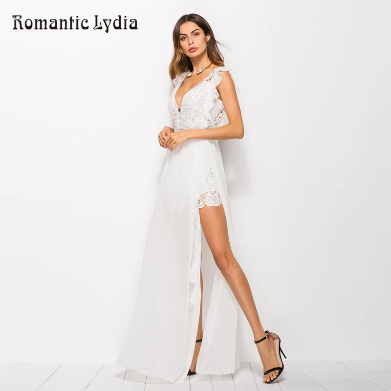 2018 Women Elegant Luxurious Floor Length V Neck Summer White Long Lace Dress | Женская одежда