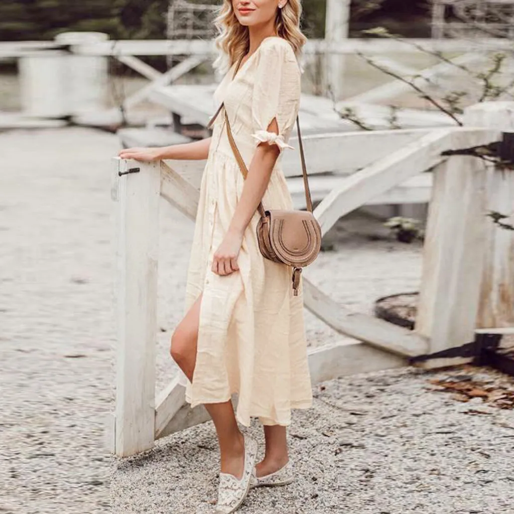 Модное Элегантное длинное женское платье с v-образным вырезом пуговицами и