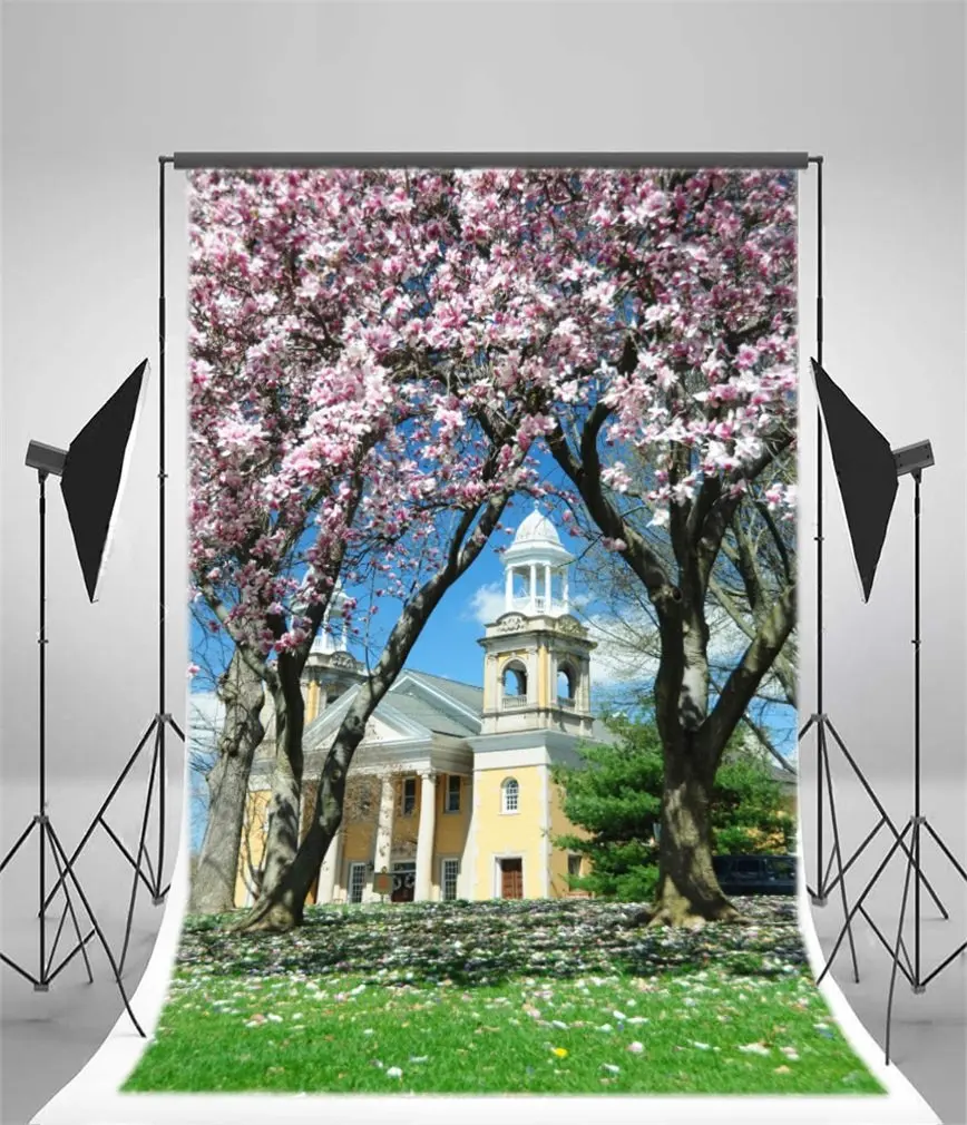 

Photography Backdrop Blooming Fresh Flowers Castle European Building Trees Grass Field Blue Sky White Cloud Nature