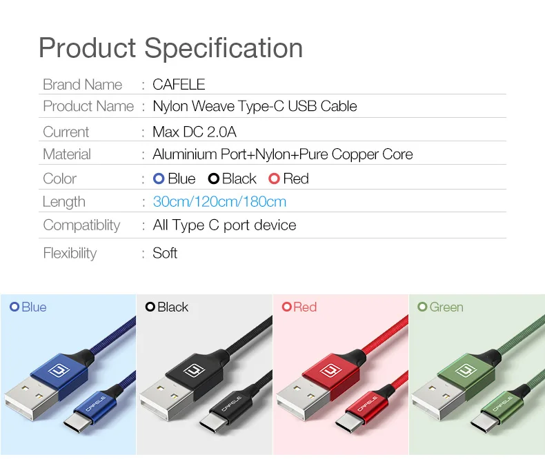 Cafele usb type-C кабель для зарядки мобильного телефона для samsung S10 S9 Plus Xiaomi Mi 9 8 huawei Oneplus USB C type-C кабели