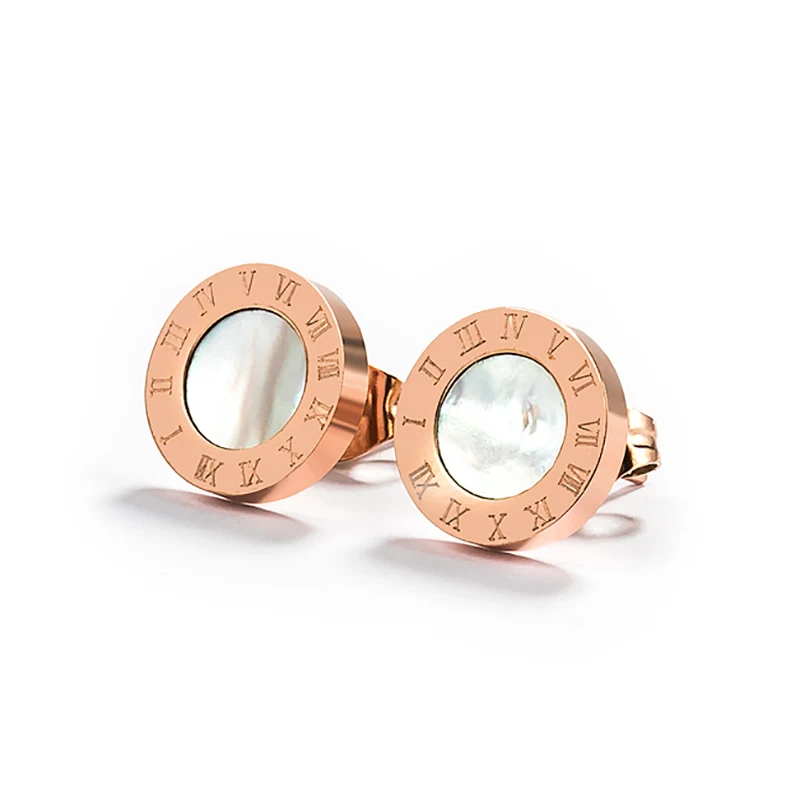 Rose Gold White Корейские простые массивные серьги из нержавеющей стали, серьги-гвоздики для женщин, винтажные римские цифры, кристалл, маленькие серьги, ювелирные изделия - Окраска металла: Rose Gold White