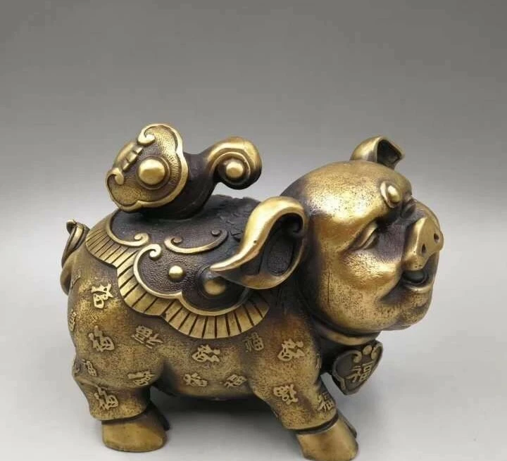 

7'' brass copper carved auspicious beast animal fortune RUYI pig statue