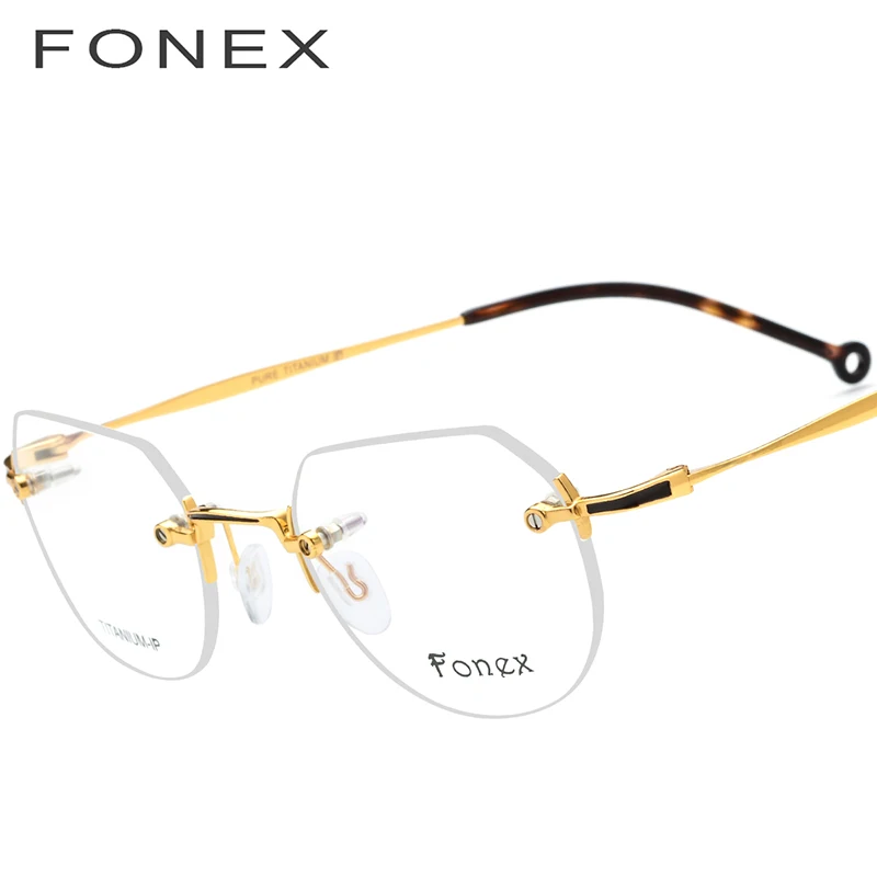 FONEX, очки без оправы из чистого титана, мужские, Ретро стиль, полигон, по рецепту, очки, оправа для женщин, близорукость, оптические оправы, очки 9142 - Цвет оправы: Золотой