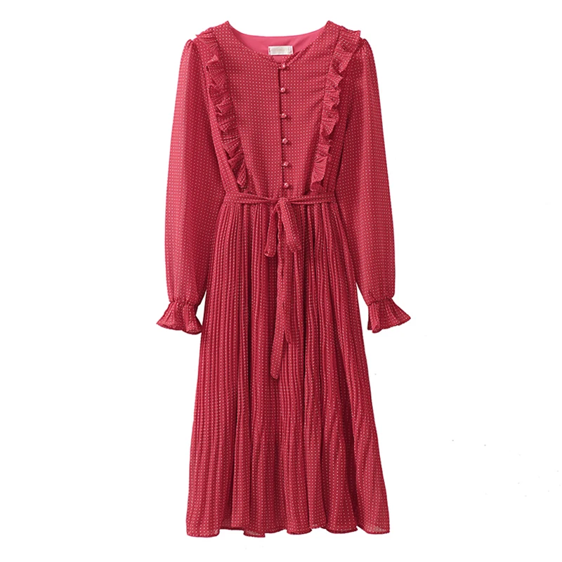 Винтажное платье рубашка в горошек с оборками и рукавом бабочкой|Женские платья|