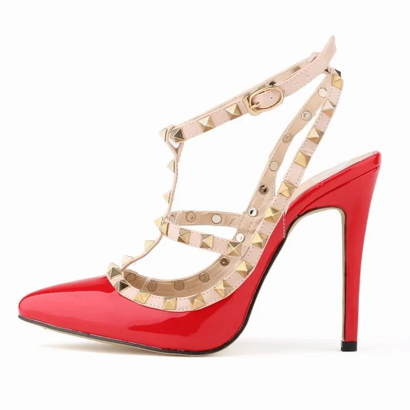 2017 Fashion Party Women's Pumps Shoes Pointed Top Patent Leather Buckle Strap Women sandals New Rivet OL Thin High-heeled 11 cm | Обувь