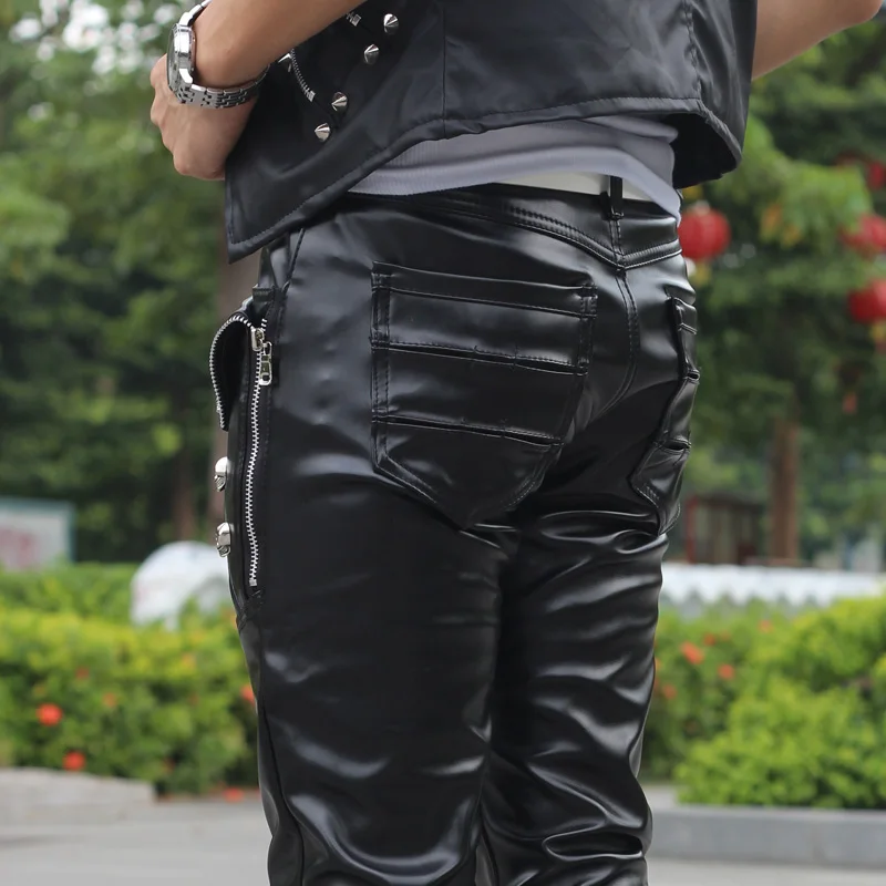 Autumn And Winter Non Mainstream Velvet Thickened Warm Windproof Leather Pants Men Trousers Chandal Hip Hop Rivets | Мужская одежда