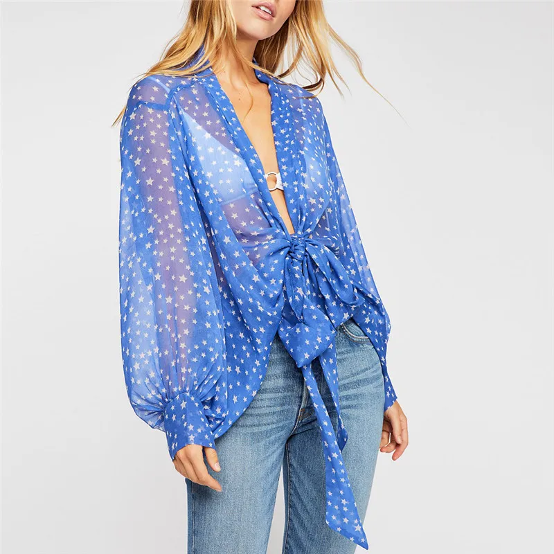 Блузка женская с принтом в виде звезд из шифона на шнурках|Блузки| |