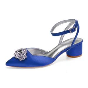 Royal blue Creativesugar/острый носок Кристалл Брошь атласная Женская обувь под вечернее платье сандалии слинбэки ремешок на лодыжке круглый котенок низкий каблук - Цвет: Royal blue