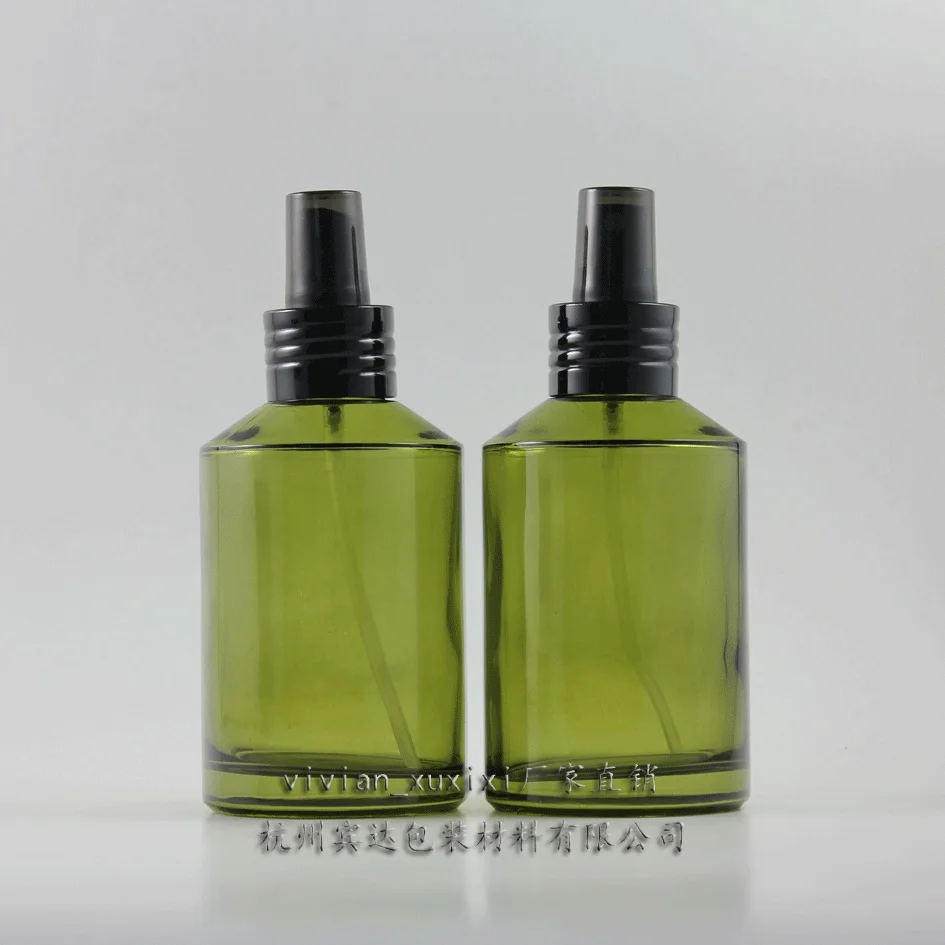 30pcs 200 ml round glass green lotion packaging with black aluminium pump, big 200ml glass green cosmetic bottle for liquid cream