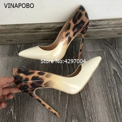 Vinapobo 2018 New sexy night club party wedding shoes women Leopard print thin high heels slip on pointed toe 12cm stiletto pump