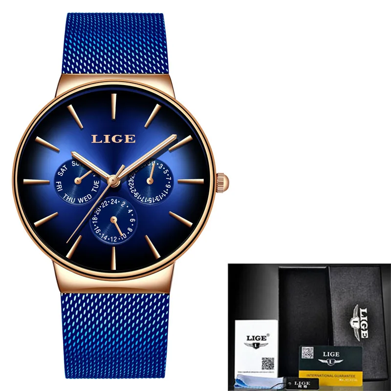 all blue LIGE, новинка, модные мужские часы, Топ бренд, Роскошные Кварцевые часы для мужчин, сетка, сталь, водонепроницаемые, ультра-тонкие, наручные часы для мужчин, спортивные часы - Цвет: all blue